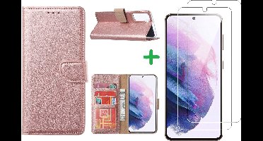 Hoesje Geschikt Voor Samsung Galaxy S21 FE hoesje bookcase Rose Goud - Hoesje Geschikt Voor Samsung Galaxy S21 FE hoesje portemonnee boek case - S21 FE book case hoes cover - S21 FE screenprotector / 2X tempered glass