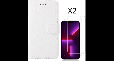 Hoesje Geschikt voor iPhone 14 Pro Max – bookcase met 2 stuks screenprotector tempered glass – Wit