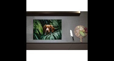 Inductieplaat Beschermer - Bruin met Witte Hond tussen de Groene Bladeren - 70x50 cm - 2 mm Dik - Inductie Beschermer - Bescherming Inductiekookplaat - Kookplaat Beschermer van Zwart Vinyl