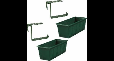 Set van 2 kunststof plantenbakken donkergroen rechthoekig 60 cm met 4 verstelbare railing beugels