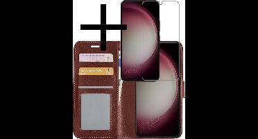 Hoesje - Met Screenprotector - Geschikt voor Samsung Galaxy S23 - Luxe Pasjeshouder - Bookcase Portemonee - Flip Case - Kunstleer Book Case - Flipcase - Book Cover - Walletcase - Portemonneehoes - Bruin