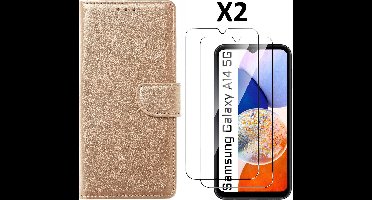 Samsung A14 5G /4G Hoesje met Pasjeshouder - bookcase Portemonnee – Met 2x Screenprotector / gehard glas – Goud