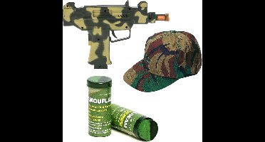 Militairen verkleedset Uzi geweer/camouflage pet en schminkstift