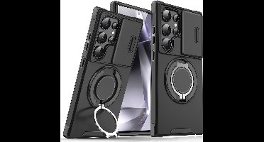 Hoesje Geschikt voor Samsung Galaxy S24 Ultra hoesje Zwart backcover met Met Draaibare Ring Houder en camera bescherming