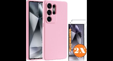 Hoesje geschikt voor Samsung Galaxy S25 Ultra Hoesje siliconen Licht Roze zacht TPU backcover - Met gehard glas screenprotector Galaxy S25 Ultra - 2 stuks
