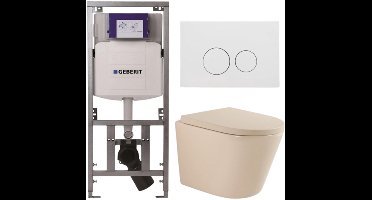 QeramiQ Dely Toiletset - 36.3x51.7cm - diepspoel - rimless - Geberit UP320 inbouwreservoir - softclose toilet zitting 35 mm - mat witte bedieningsplaat - ronde knoppen - mat beige