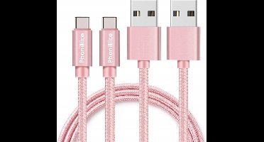 2x USB C naar USB A Nylon Gevlochten Kabel Roze - 1 meter - Oplaadkabel voor Samsung Galaxy A20E / A40 / A50 / A70 / A80