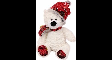 PIA Soft Toys - Pluche Knuffeldier- Kerstknuffel - IJsbeer met muts en sjaal met pailletjes rood - 30 cm