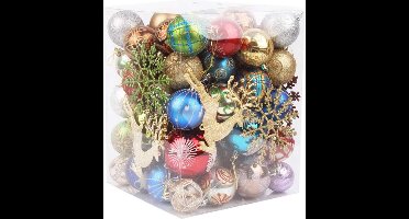 oCreon Kerstballen Set 60-70 Stuks - Mat Veelkleurige Plastic Ballen 3-8 cm met Hangende Touwen