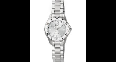 Q&Q Q88B-001PY - Horloge - Polshorloge - Analoog - Dames - Vrouwen - stalen band - Metaal - Rond - Cijfers - Strepen - Zilverkleurig - Wit