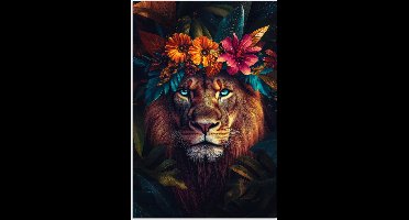 Poster 20x30 cm - Leeuw - Bloemen - Bladeren - Dieren - Kleurrijk - Posters - Kamer decoratie - Wanddecoratie woonkamer - Muurdecoratie slaapkamer
