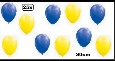 25x Ballon mix blauw/geel 30cm - set - Festival carnaval feest party verjaardag landen helium lucht thema