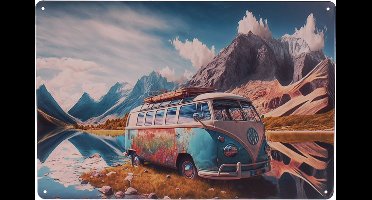 Metalen Plaatje - Retro Camper Lichtblauw Bergen & Bergmeer - 20x30cm