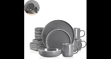 Luxe Serviesset – 16 delig – 4 persoons – Porselein - Bordenset – Dinner platen – Dessertborden - Kommen - Mokken - Grijs