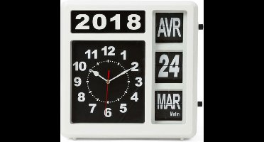 Perel Vierkante klok met flip-over kalender, ideaal voor slechtzienden en personen met Alzheimer of dementie, analoog, 31 x 31 cm, wit/zwart, Franse versie