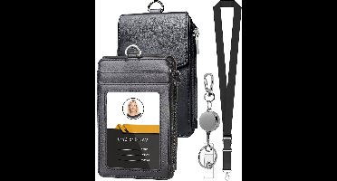 Kaartenhouder met Afneembaar Lanyard en Uittrekbare Sleutelhanger - Keycord Badgehouder - Kaarthouder voor Pasjes met Ritsvak - Portemonnee Kaart Houder - Nekkoord Keykoord - Universeel ID Pashouder - Badge Sleutels Koord - Nek Sleutelkoord - Zwart