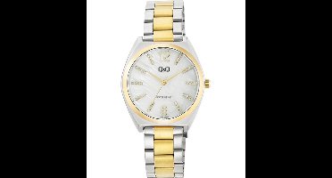 Q&Q Q90B-006PY - Horloge - Polshorloge - Analoog - Dames - Vrouwen - stalen band - Overig - Metaal - Cijfers - Strepen - Zilverkleurig - Goudkleurig - Wit