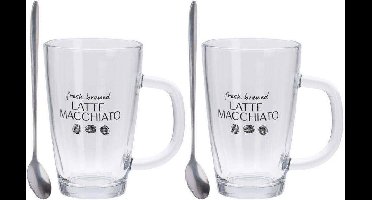 2 x 300ml Latte Macchiato koffie bekers/mugs met 2 lepels - 4-Delig
