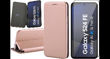 Hoesje geschikt voor Samsung Galaxy S24 FE - Screenprotector Volledig Dekkend Glas - Wallet Book Case Rosegoud