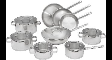 ELLE Gourmet Moderne 9-delige RVS Pannenset - Koekenpannen + Kookpannen + Wokpan + Steelpan - Met Deksel - PFAS vrij - Inductie