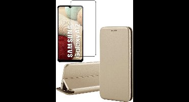 Samsung A12 Hoesje en Samsung A12 Screenprotector - Samsung Galaxy A12 Hoesje - Samsung A12 Hoesje Book Case Kunstleer Wallet Cover Hoes Goud + Samsung A12 Screen Protector Glas
