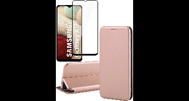 Hoesje geschikt voor Samsung A12 en Screenprotector - Book Case Kunstleer Wallet Cover Hoes Rosegoud + Screen Protector Glas Full Screen