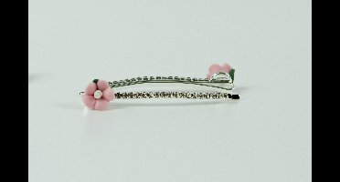 Schuifspelden strass met roze bloem