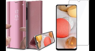 Hoesje geschikt voor Samsung Galaxy A42 - Screen Protector GlassGuard - Book Case Spiegel Roségoud & Screenprotector