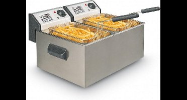 FRITEL Dubbele Frituurpan - Profi 3855 DUO - Professionele Friteuse met Antistofdeksel - Olie + Vast Vet - Koude Zone - Uniek Dubbel Verwarmingselement - 2x 3200W - 2x5 liter