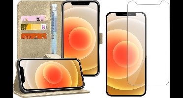 Hoesje geschikt voor iPhone 12 mini en Screenprotector - Book Case Cover Kunstleer Goud en Screenprotector Glas