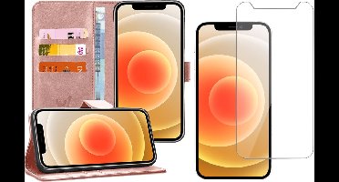 Hoesje geschikt voor iPhone 12 Pro Max - Screen Protector GlassGuard - Book Case Kunstleer Pasjeshouder Rosegoud & Screenprotector