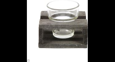 Non-branded Theelichthouder 10 Cm Hout/glas Grijs/transparant
