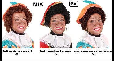 6x Kwaliteit Piet pruik zwart-bruin-zwart/bruin met verstelbare kap - Piet pruiken Sinterklaas feest