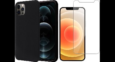 Hoesje geschikt voor iPhone 12 pro max - case zwart liquid siliconen + Screen protector glas tempered glass screenprotector