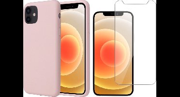 Hoesje geschikt voor iPhone 12 - Screenprotector GlassGuard - Roze Liquid Siliconen Case