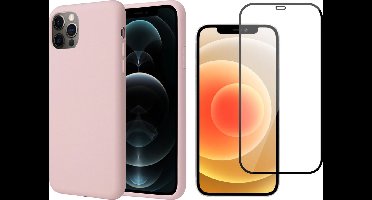 Hoesje geschikt voor iPhone 12 / 12 Pro - Screenprotector FullGuard - Roze Liquid Siliconen Case