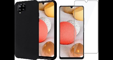 Hoesje geschikt voor Samsung A42 - Siliconen Case Cover Hoes Zwart + Screen Protector Glas
