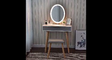 Monkey's Luxe Kaptafel – Make up Tafel Voor Vrouwen - Met Kruk - Grijs - Beige - Witte Kaptafel Met Ovalen Spiegel - LED Verlichting - Kaptafels - 80 cm x 40 cm x 79 cm