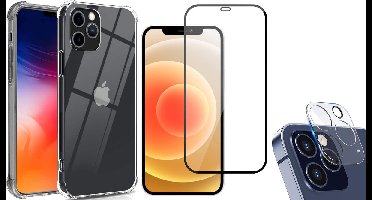 Hoesje geschikt voor iPhone 12 Pro Max - Transparant Siliconen Shockproof Case + Screen Protector Glas Full + Camera Lens Protector