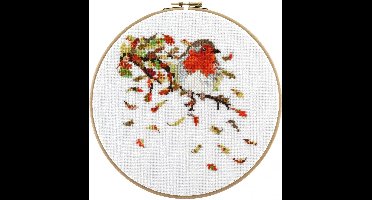 Pako Borduurpakket met telpatroon en codekaart - Roodborstje - 212.354 - voorgesorteerd garen - Aida wit - 22 cm rond - DIY kit
