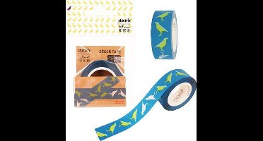 Stick'n Washi tape - 16mm breed - 10 meter rol - blauw - Vogel print