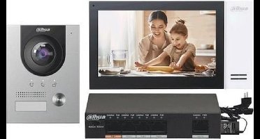 Dahua KTP01(F) complete IP video deurbel intercom kit met VTO2202F-P en VTH2421FW-P inclusief PoE switch en inbouwbehuizing