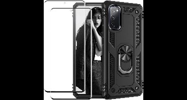 Telefoonhoesje Geschikt voor: Samsung Galaxy S20 hoesje Schokbestendige ring armor met 2X volledige schermdekking Screenprotector zwart
