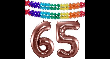 Folat Verjaardag Leeftijd folieballon - 65 jaar - rosé goud - 86 cm - cijferballon groot - incl 2x feestslingers