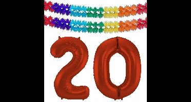 Folat Verjaardag Leeftijd folieballon - 20 jaar - rood - 86 cm - cijferballon groot - incl 2x feestslingers