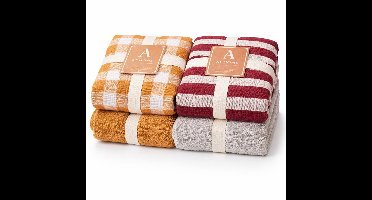 AT HOME-Keukendoeken & Theedoeken Set – 4-delig – Okergeel, Bordeaux & Grijs – 100% Katoen – Absorberend en Sneldrogend