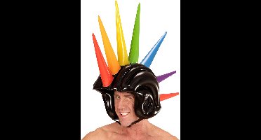 Widmann Opblaasbare helm met regenboog stekels - Gekleurde spike helm voor feestjes