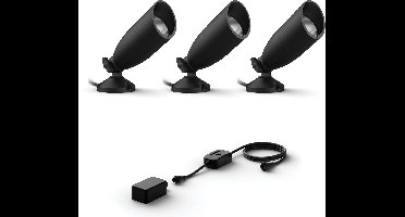 WiZ Tuinspot Basisset met 3 Tuinspots (Zwart) - Wit en Gekleurd Licht - Incl. Voedingskabel - Tuinverlichting - Slimme LED Verlichting - WiFi
