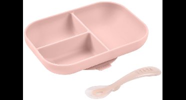 Béaba Siliconen Eetset - Bord met 3 Vakjes en Lepel - Kinderservies met Zuignap - Vaatwasserbestendig Kinderservies - Roze