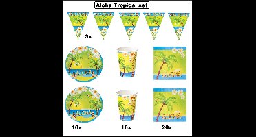 Aloha tropical summer set - 3x Aloha vlaggenlijn 500cm + 16x Aloha Bord 23cm + 16x Aloha beker 180ml + 20x Aloha servet 33cm - Tropisch beach party
